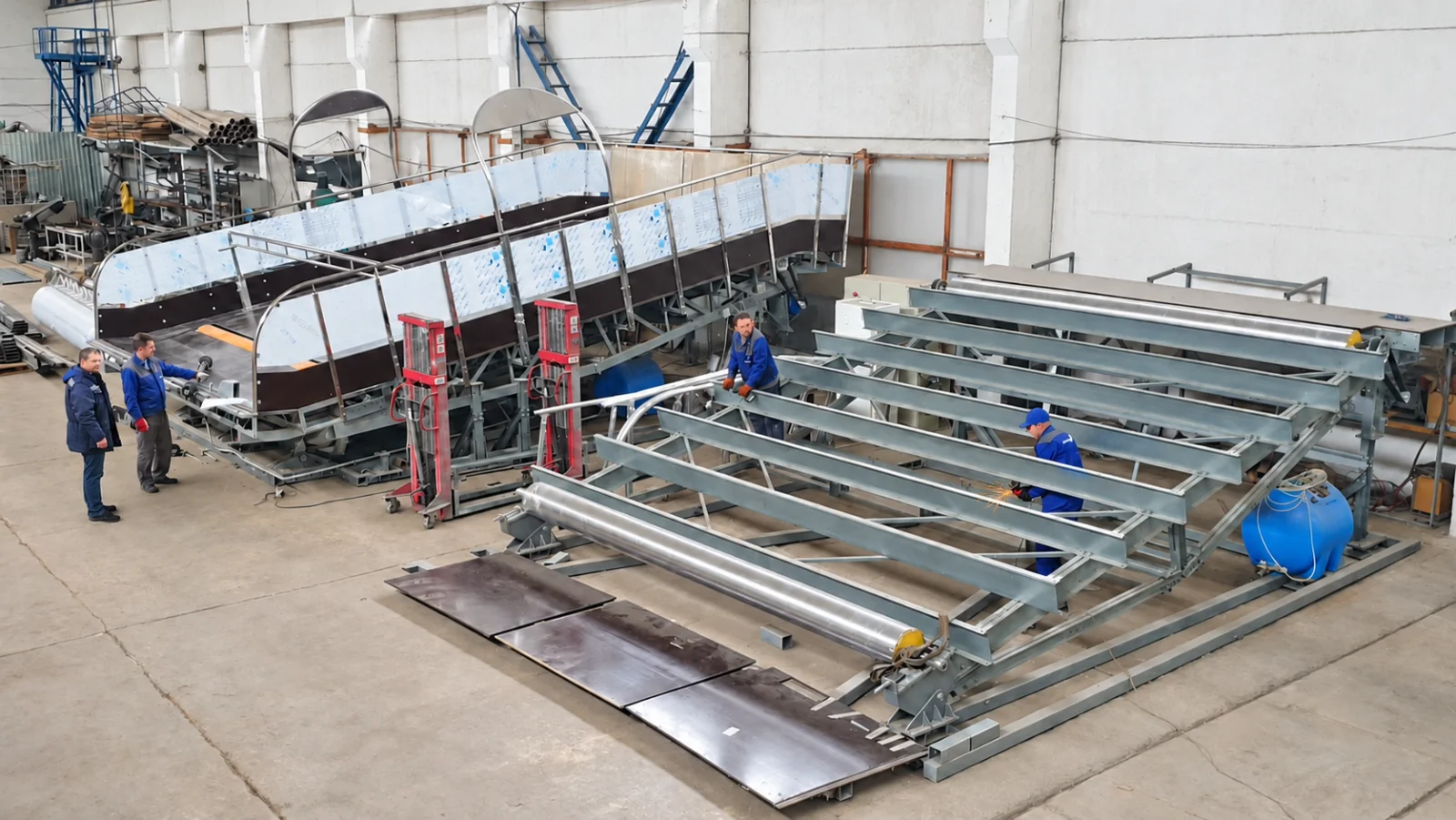 PROLESKI production team working on two indoor ski simulators in the manufacturing workshop